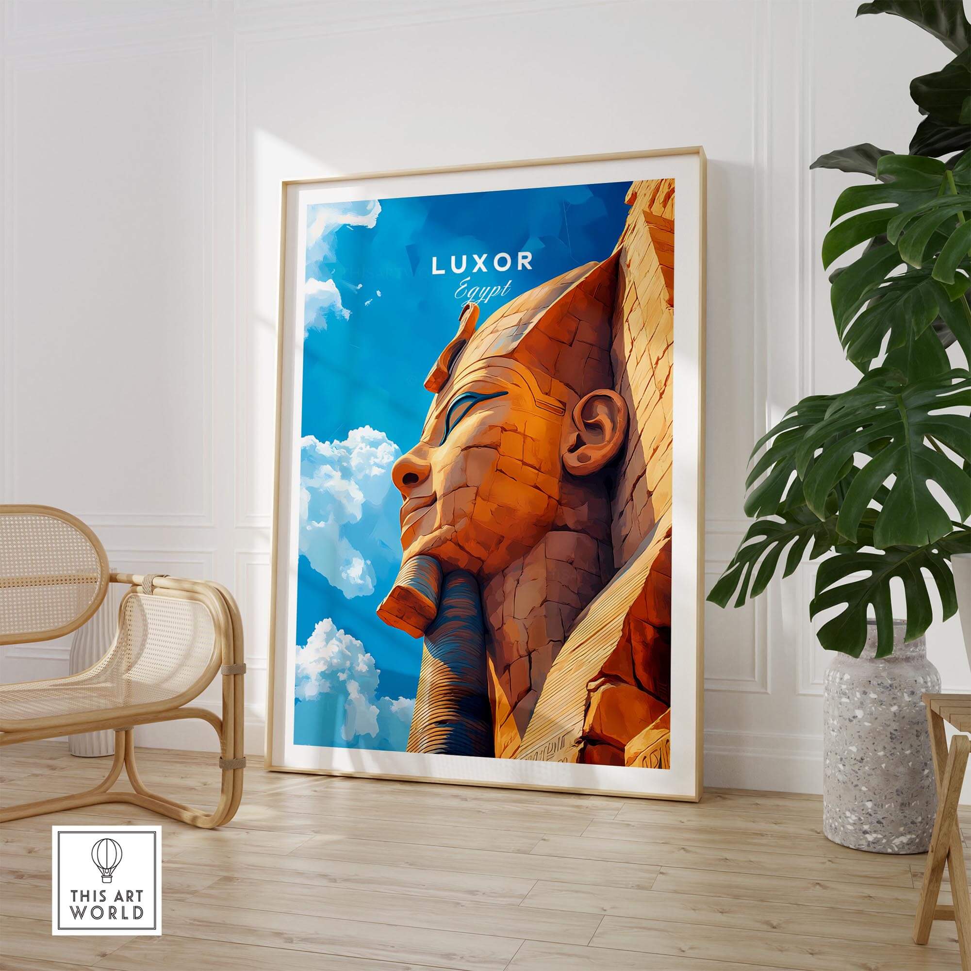 Luxor Egypt Poster featuring a stunning depiction of the Sphinx with vibrant colors in a stylish room setting.