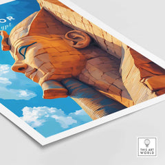 Luxor Egypt Poster showcasing an ancient statue against a blue sky, vibrant travel print art.