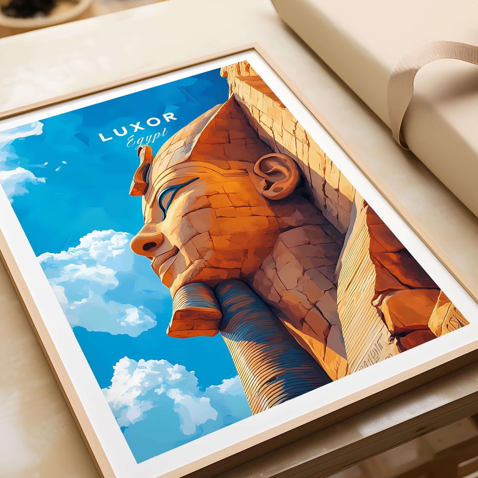 Luxor Egypt Poster featuring a stunning image of a pharaoh with vibrant colors and beautiful sky backdrop.