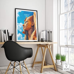 Luxor Egypt Poster featuring the Sphinx, vibrant colors, perfect for travel prints, and home decor.