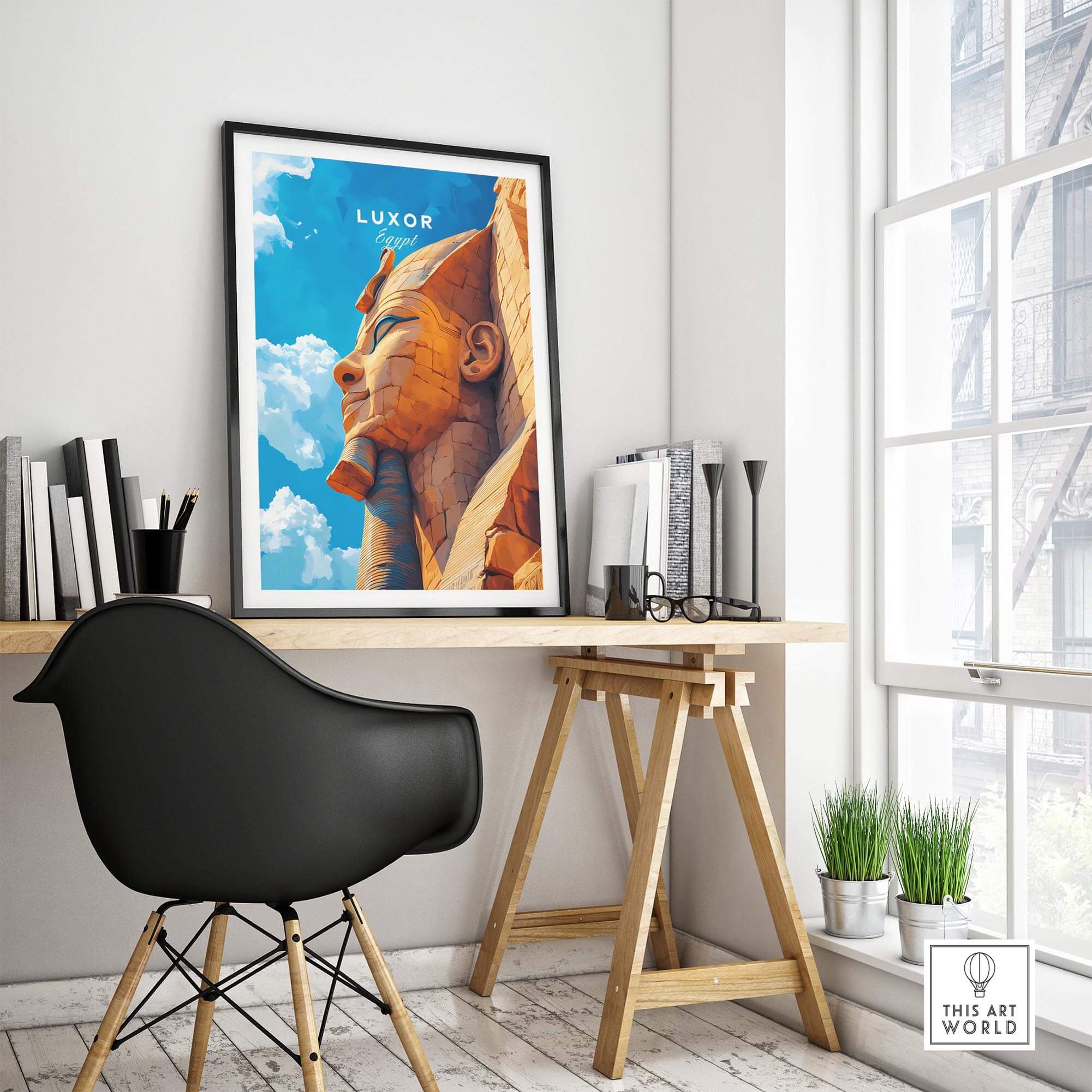 Luxor Egypt Poster featuring the Sphinx, vibrant colors, perfect for travel prints, and home decor.