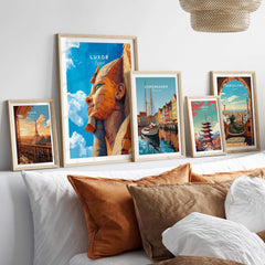 Luxor Egypt Poster displayed among other travel prints, showcasing vibrant colors and ancient landmarks.