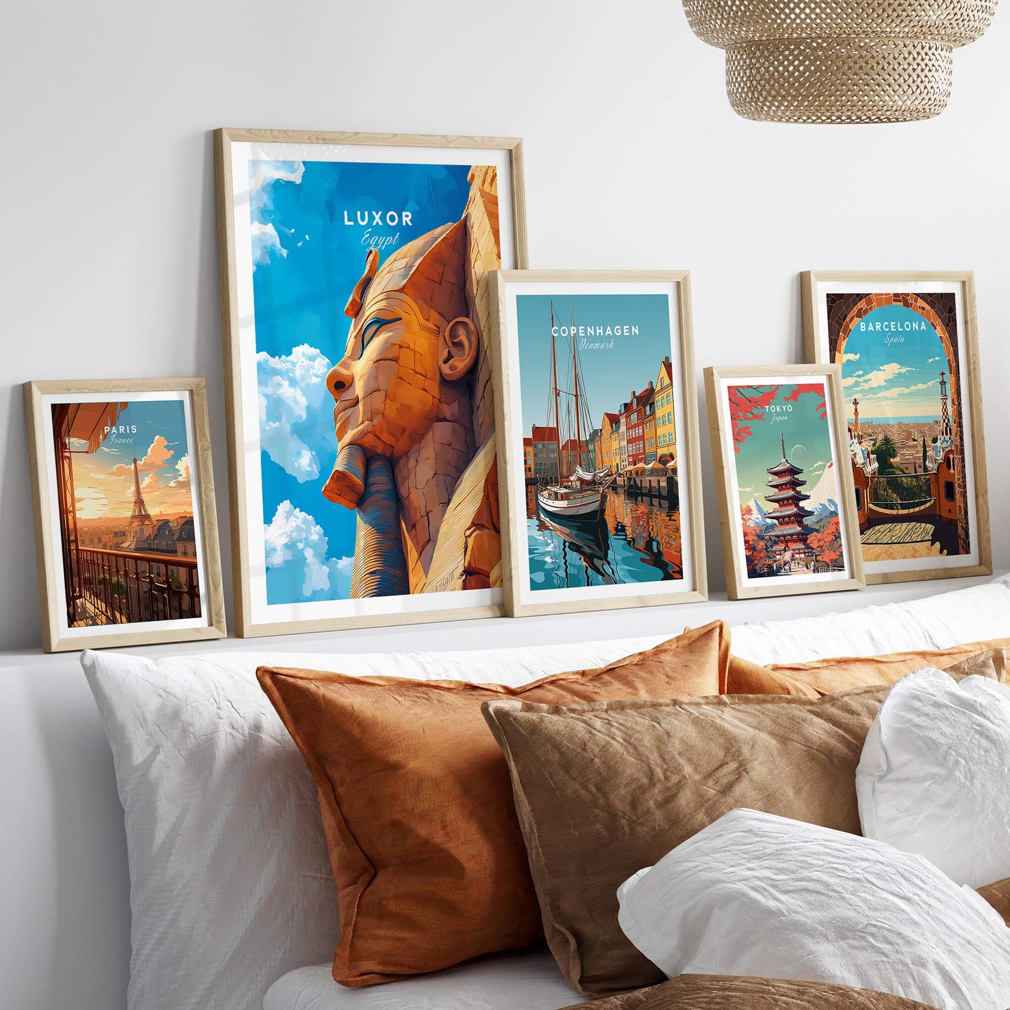 Luxor Egypt Poster displayed among other travel prints, showcasing vibrant colors and ancient landmarks.