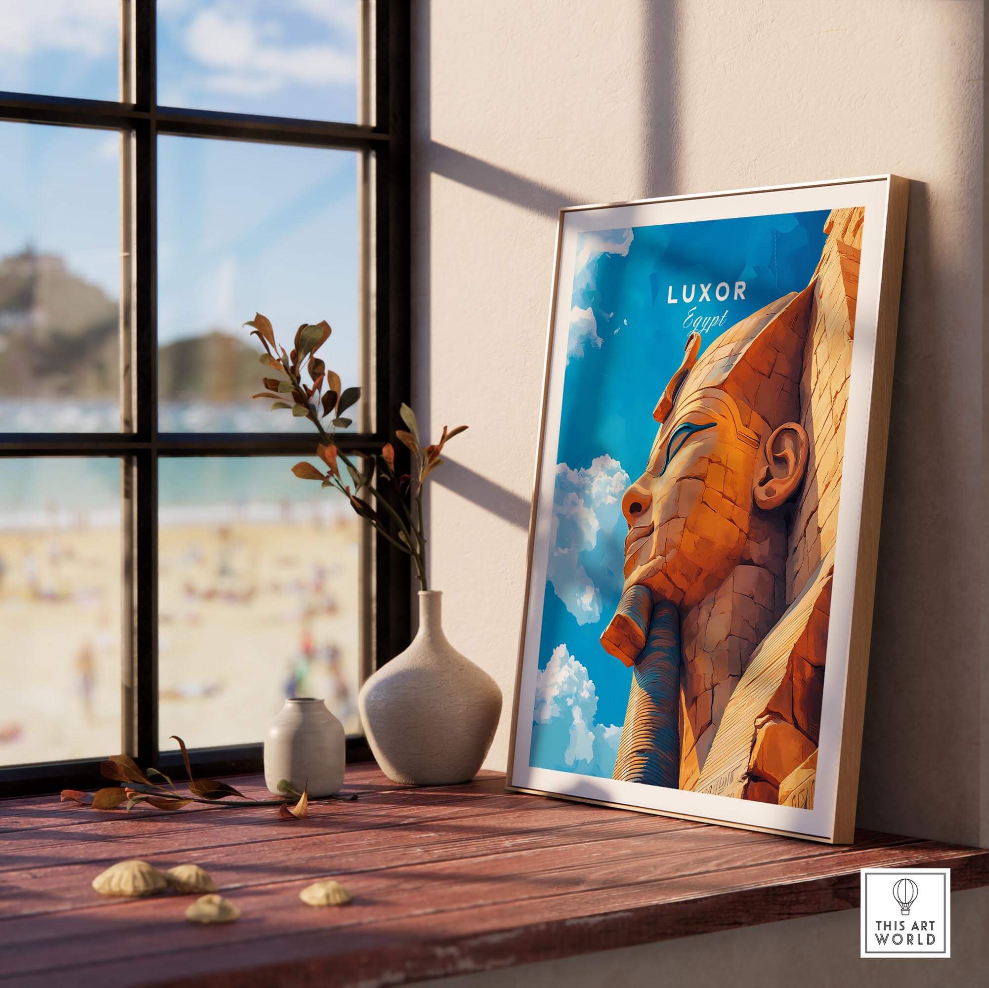 Luxor Egypt Poster showcasing the Sphinx against a bright sky, perfect for travel-themed decor.