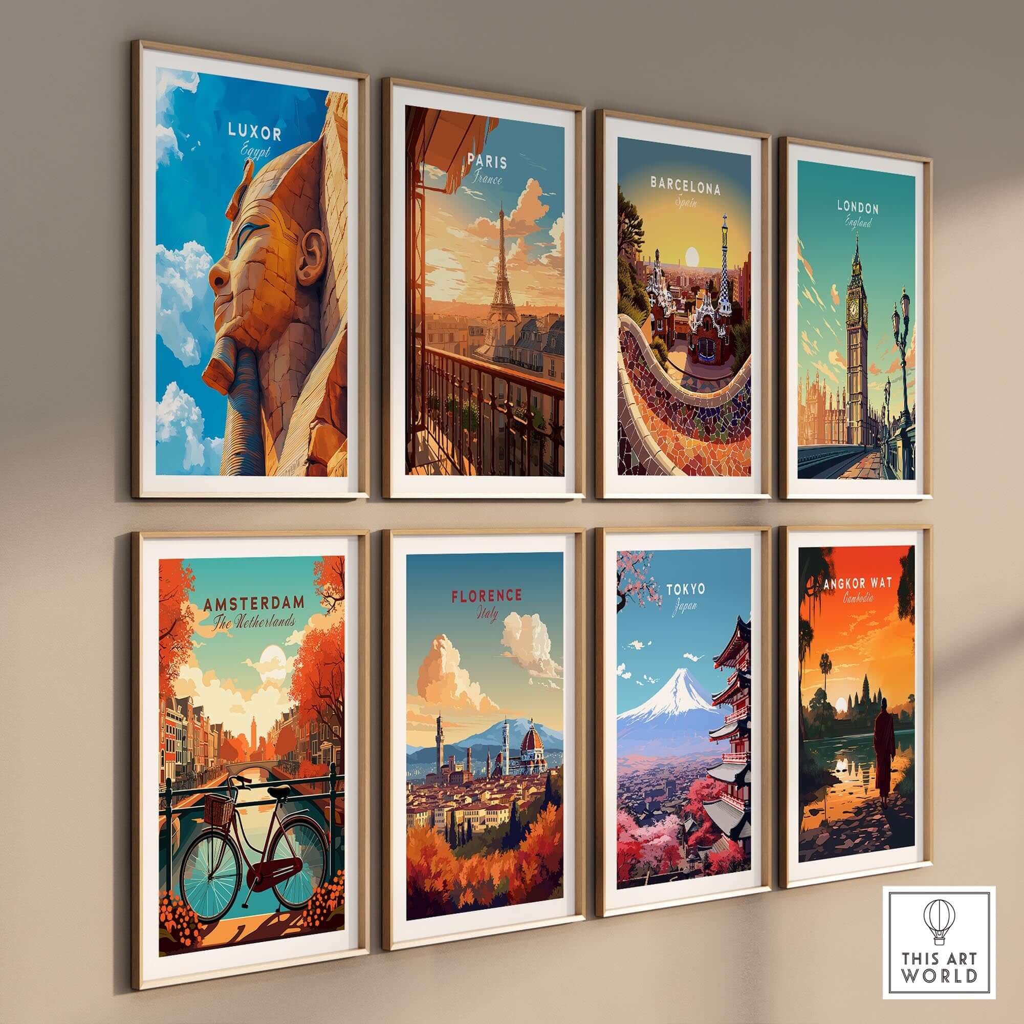 Luxor Egypt Poster and travel prints of famous cities including Paris, Barcelona, and London displayed in a gallery wall.