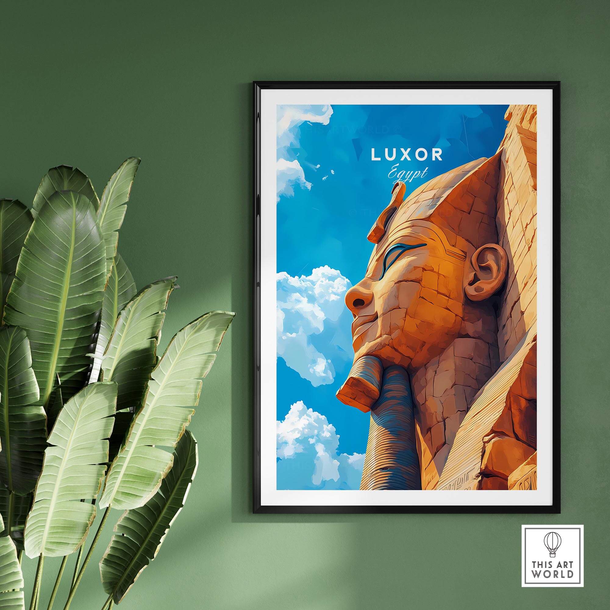 Luxor Egypt Poster featuring a majestic statue against a blue sky, enhancing your space with vibrant travel art.