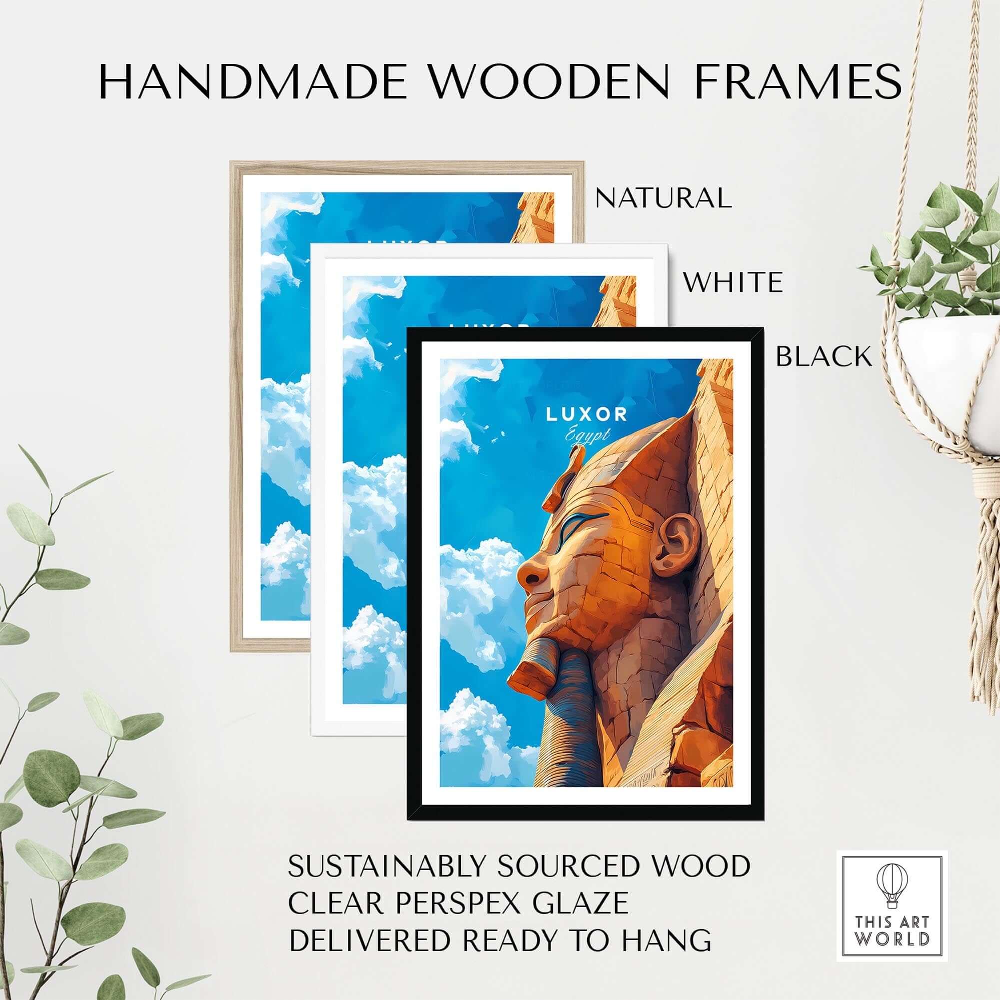 Luxor Egypt Poster displayed in handmade wooden frames, showcasing natural, white, and black options, vibrant colors.
