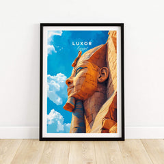 Luxor Egypt Poster featuring a detailed depiction of the Sphinx with vibrant colors and a sunny sky.