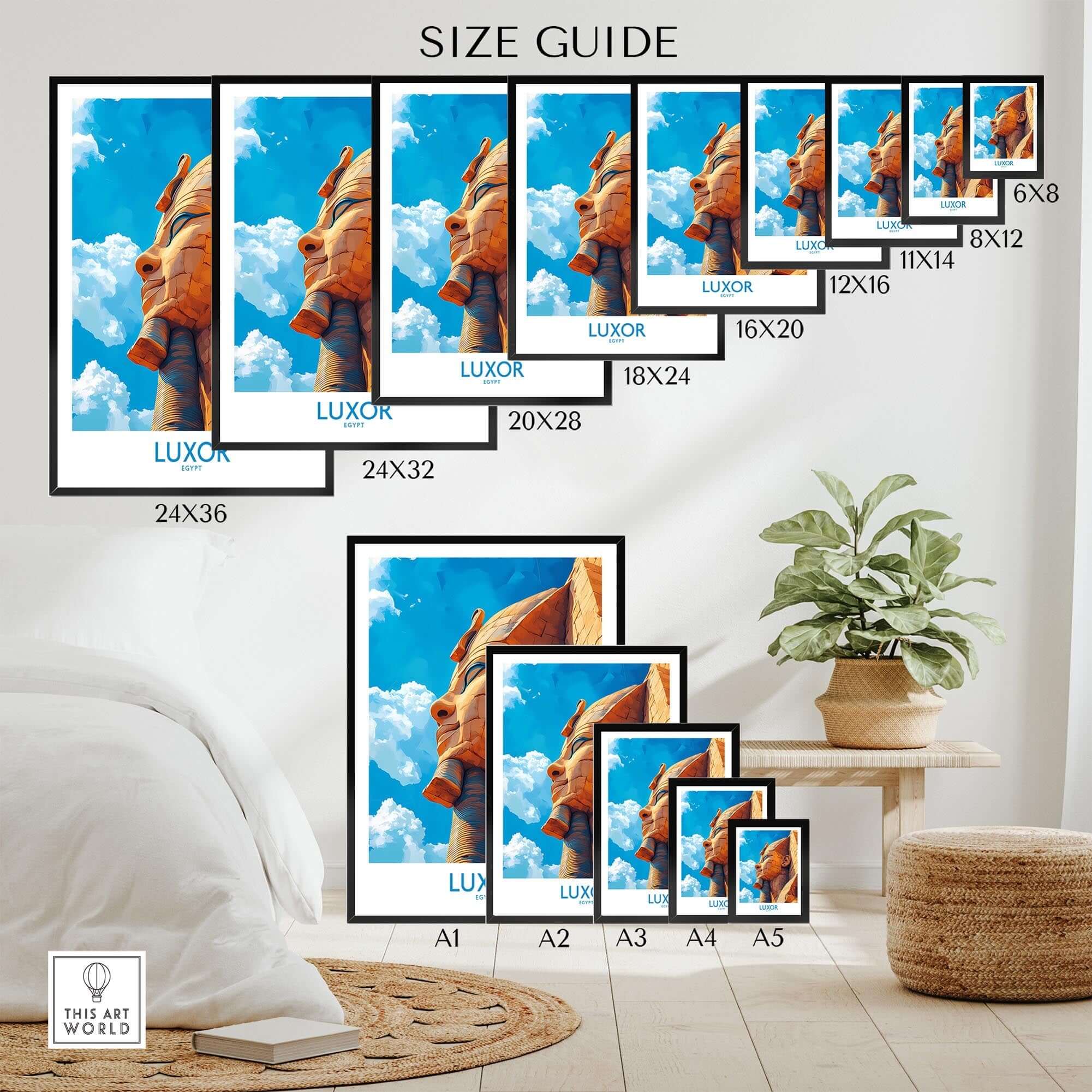 Luxor Egypt Travel Poster size guide showing various frame sizes for wall art display in home decor.