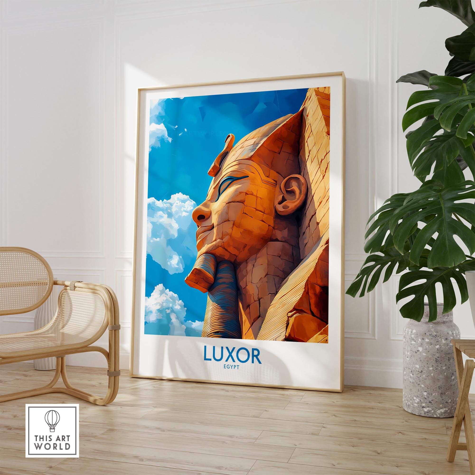 Luxor Egypt Travel Poster featuring the iconic Sphinx statue and vibrant blue sky.
