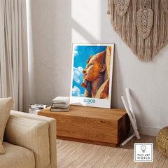 Luxor Egypt Travel Poster showcasing ancient landmarks in a stylish living room setting.