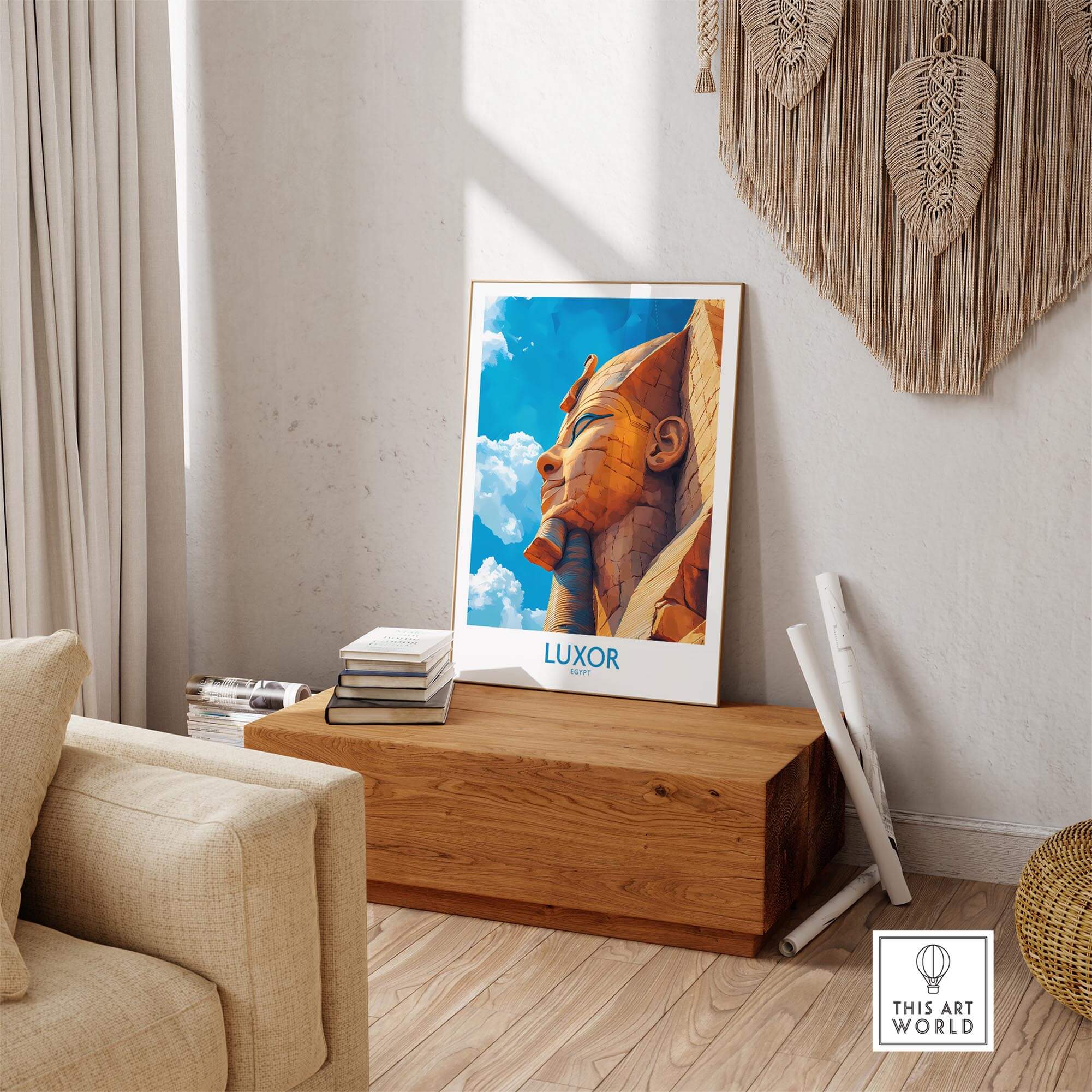 Luxor Egypt Travel Poster showcasing ancient landmarks in a stylish living room setting.