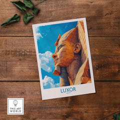 Luxor Egypt Travel Poster featuring a detailed illustration of a sphinx against a blue sky.