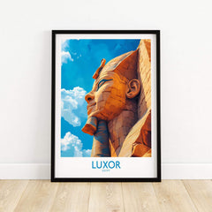 Luxor Egypt Travel Poster showcasing the Sphinx with a blue sky background, perfect for travel enthusiasts.