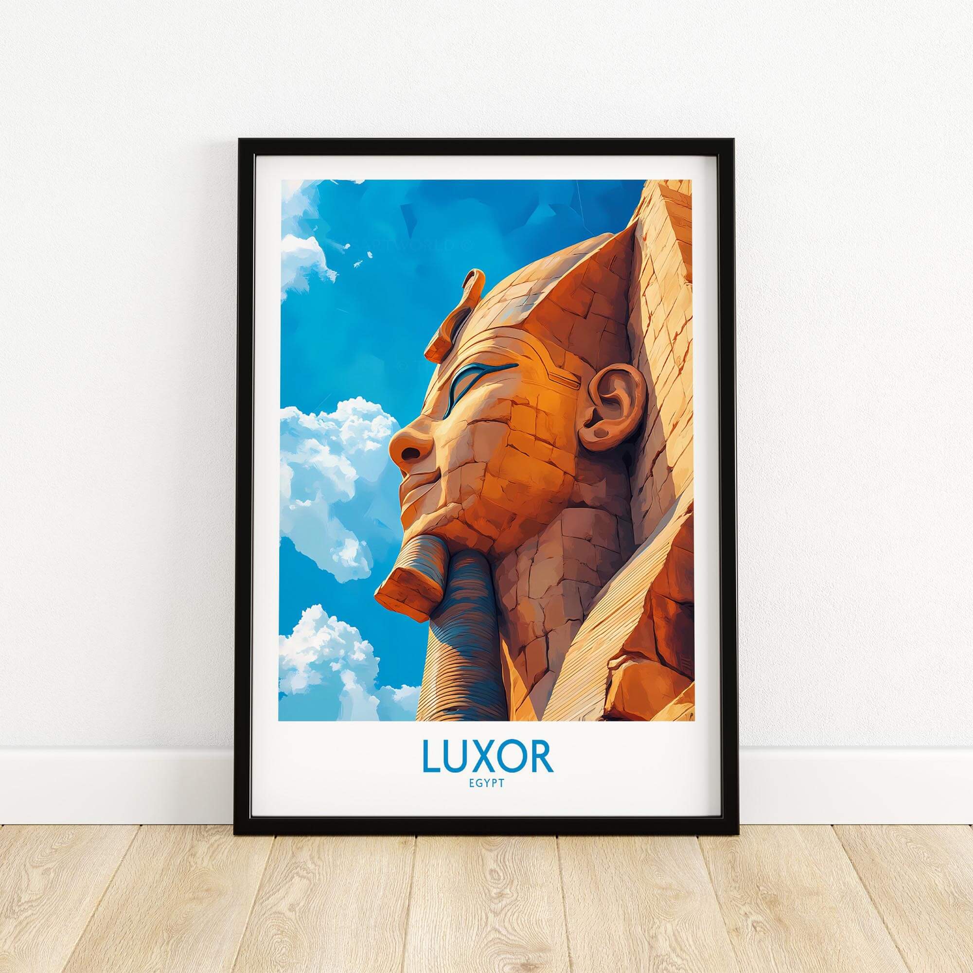 Luxor Egypt Travel Poster showcasing the Sphinx with a blue sky background, perfect for travel enthusiasts.