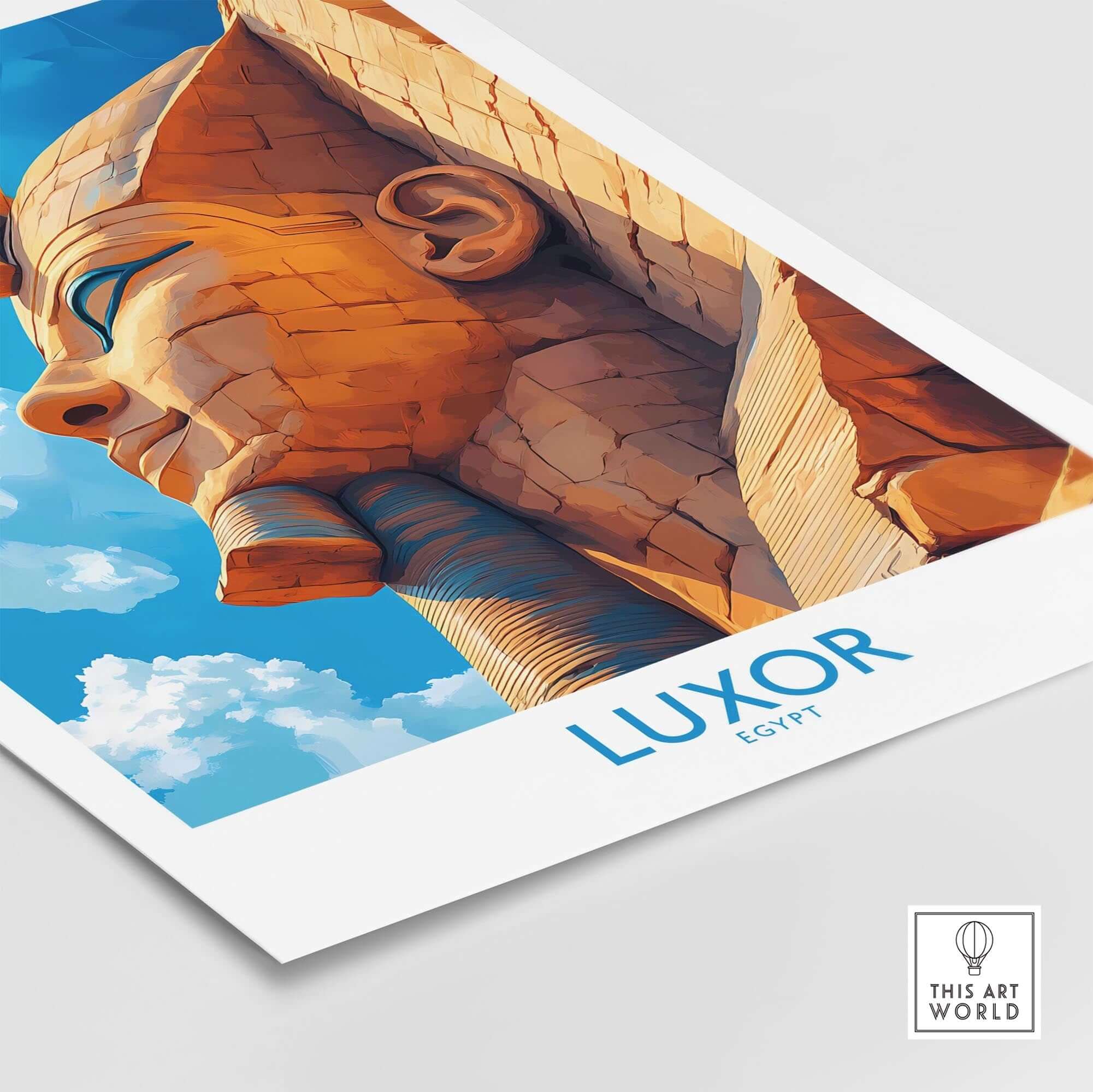 Luxor Egypt Travel Poster showcasing a detailed illustration of the Sphinx against a blue sky.