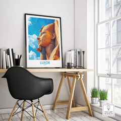Luxor Egypt Travel Poster displayed in a modern office setting, featuring monumental Egyptian sculpture.