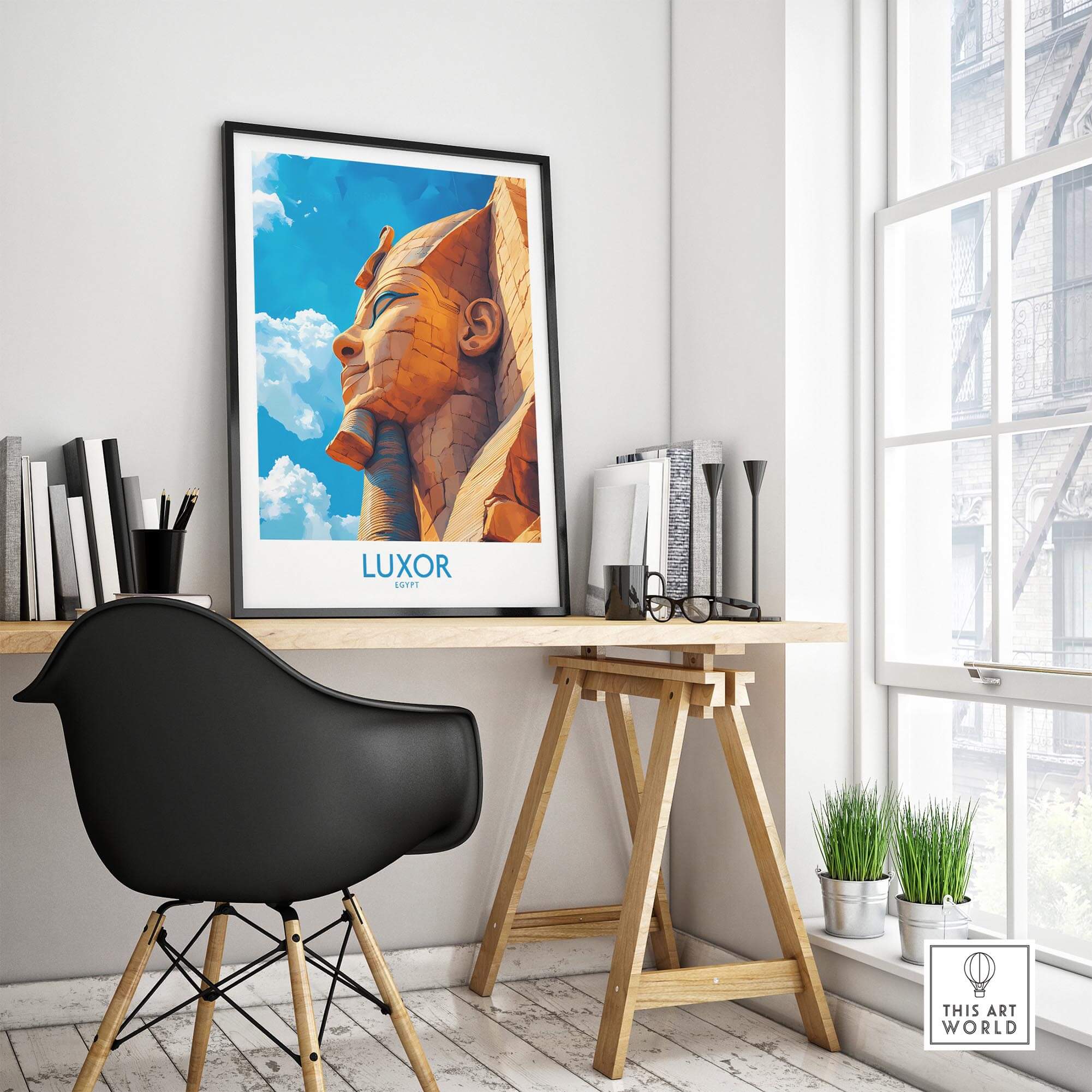 Luxor Egypt Travel Poster displayed in a modern office setting, featuring monumental Egyptian sculpture.