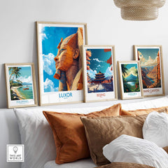 Luxor Egypt Travel Poster displayed among other travel posters on a stylish wall, showcasing iconic landmarks and landscapes.
