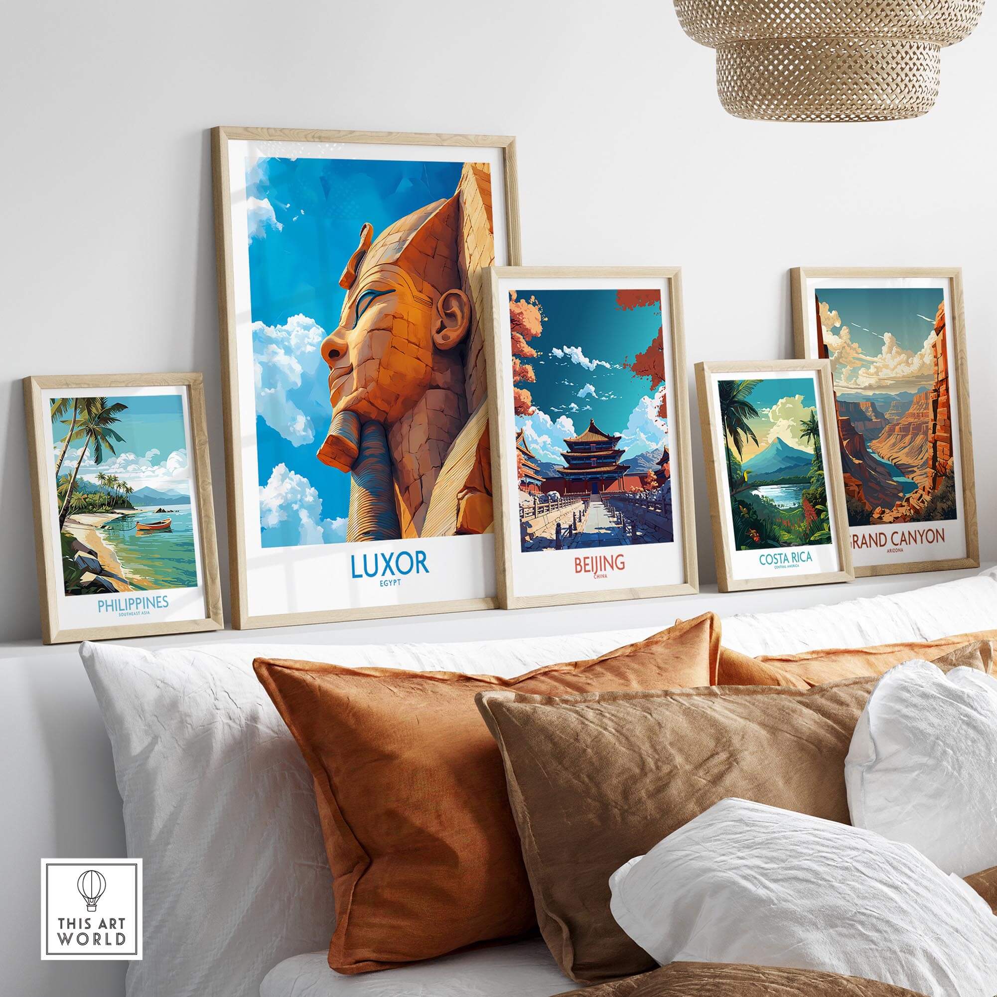 Luxor Egypt Travel Poster displayed among other travel posters on a stylish wall, showcasing iconic landmarks and landscapes.