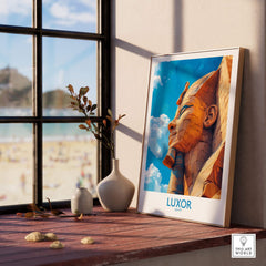 Luxor Egypt Travel Poster featuring a detailed image of the Sphinx statue in a sunny indoor setting.