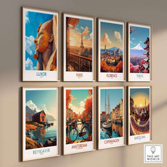 Luxor Egypt Travel Poster collection showcasing iconic landmarks from various cities like Luxor, Paris, and Tokyo.