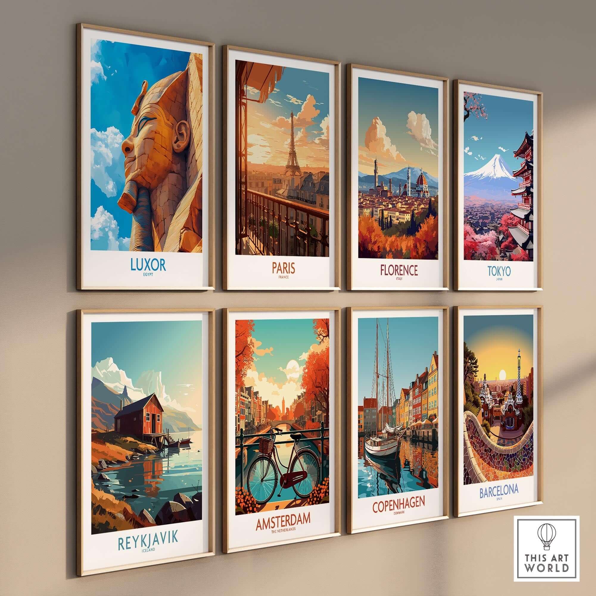 Luxor Egypt Travel Poster collection showcasing iconic landmarks from various cities like Luxor, Paris, and Tokyo.