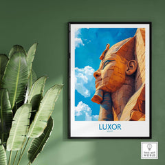 Luxor Egypt Travel Poster featuring a majestic statue against a bright sky, perfect for home decor.