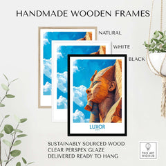 Luxor Egypt Travel Poster showcased in handmade wooden frames in natural, white, and black finishes.