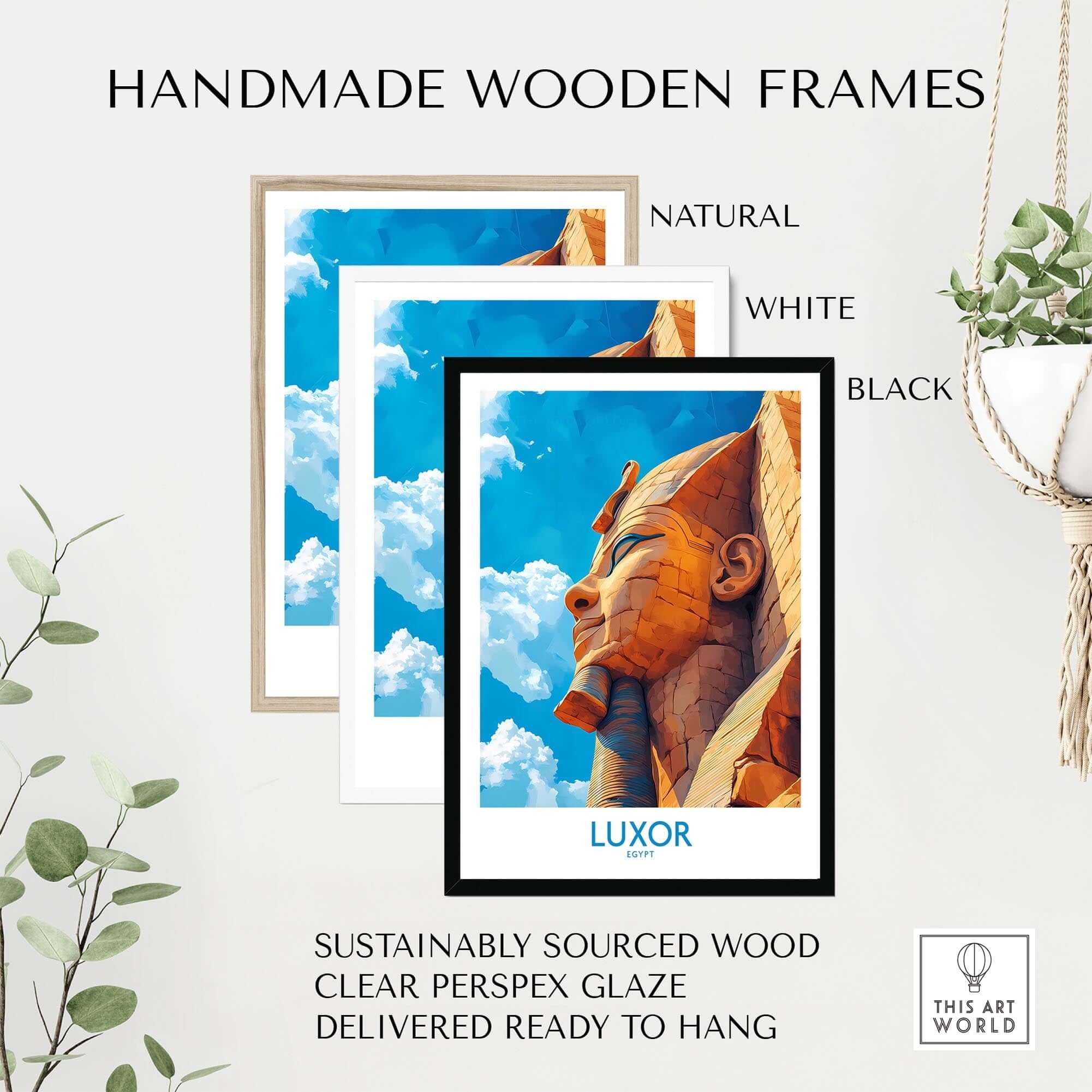 Luxor Egypt Travel Poster showcased in handmade wooden frames in natural, white, and black finishes.