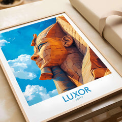 Luxor Egypt Travel Poster featuring the majestic Sphinx, showcasing vibrant colors and ancient beauty.