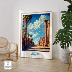 Luxor Print Egypt displayed in a stylish interior setting, featuring stunning Egyptian architecture and palm trees.