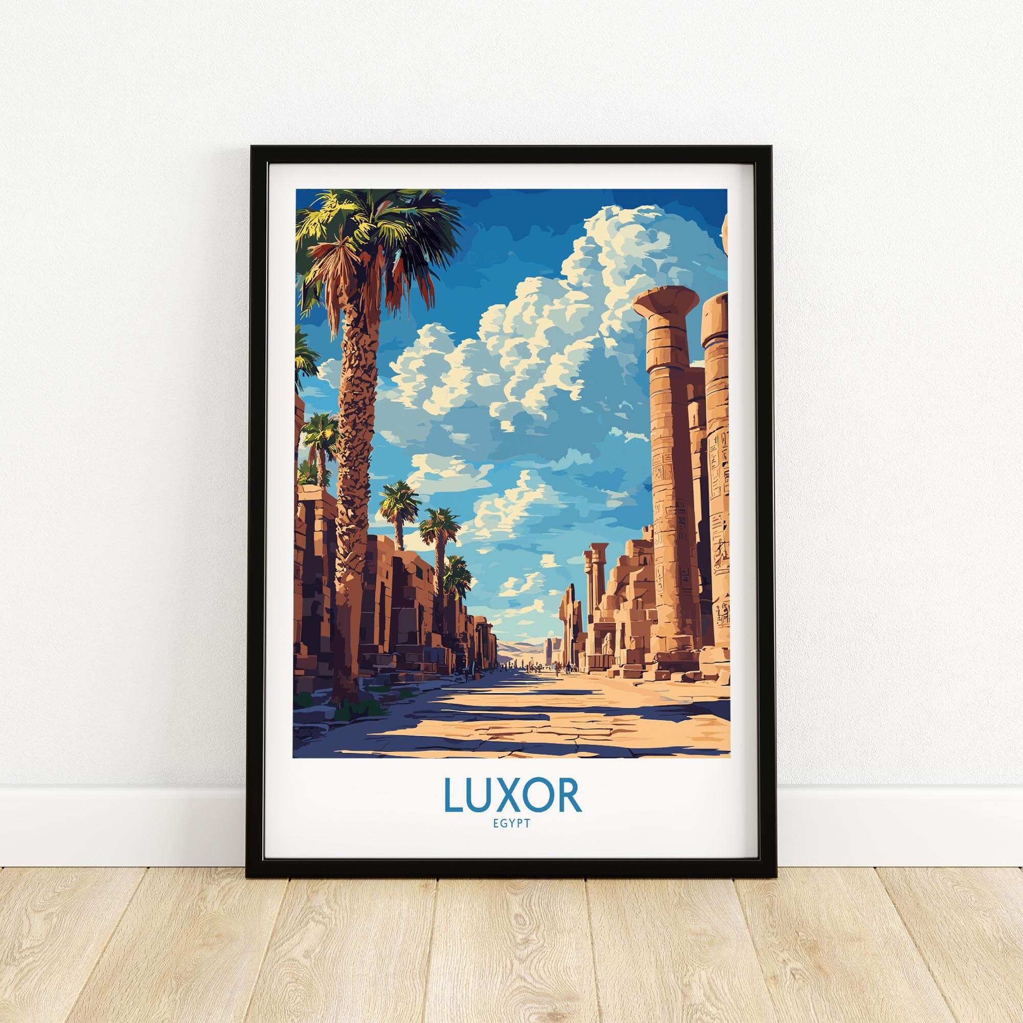 Luxor Print Egypt featuring a vibrant illustration of an ancient street in Luxor, Egypt with palm trees and blue skies.