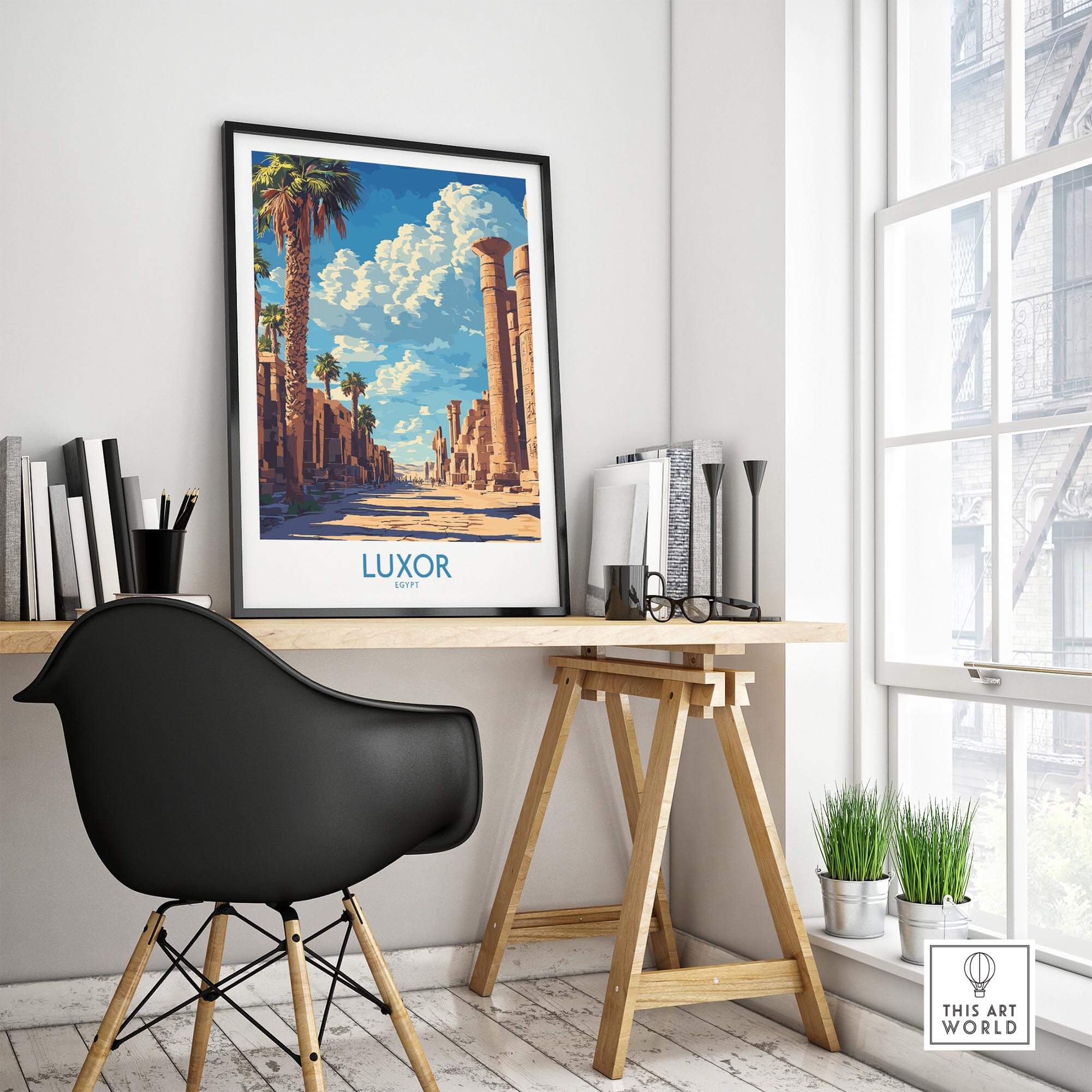 Luxor Print Egypt showcased in a stylish workspace, adding elegance and exoticism to home decor.