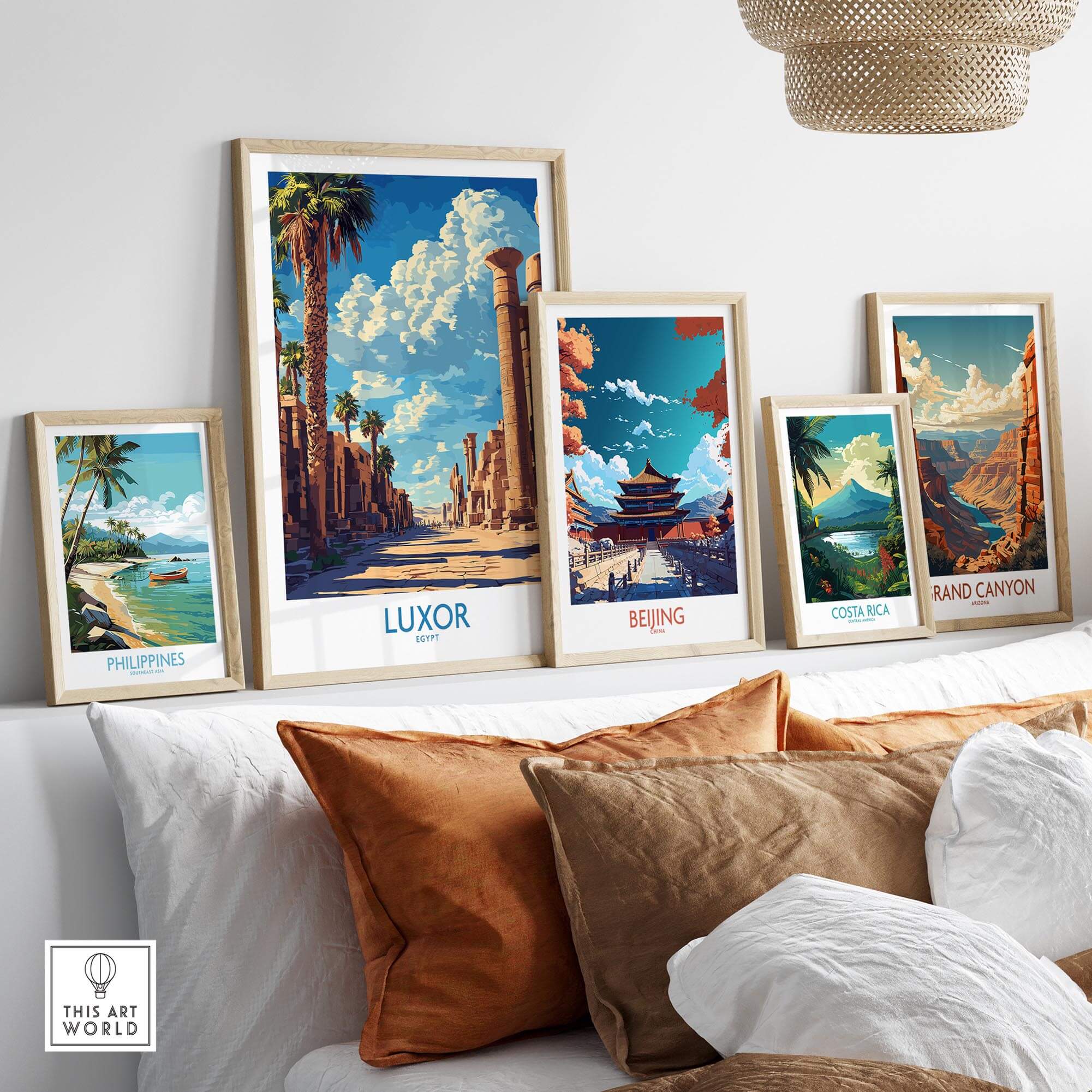 Luxor Print Egypt and various travel posters displayed in elegant frames on a stylish interior wall.