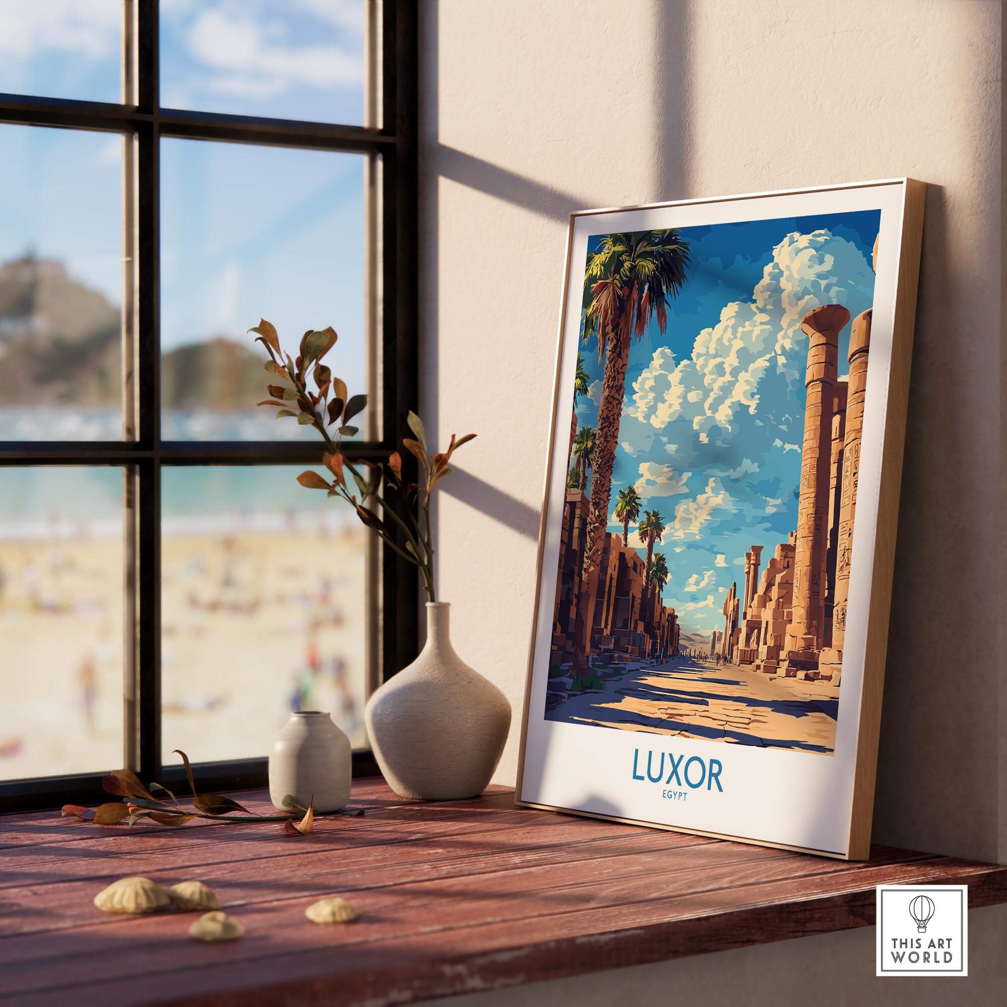 Luxor Print Egypt displayed in a sunny room, showcasing exotic scenery and elegant decor.