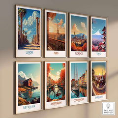 Luxor Print Egypt travel poster displayed with other city illustrations like Paris and Florence.
