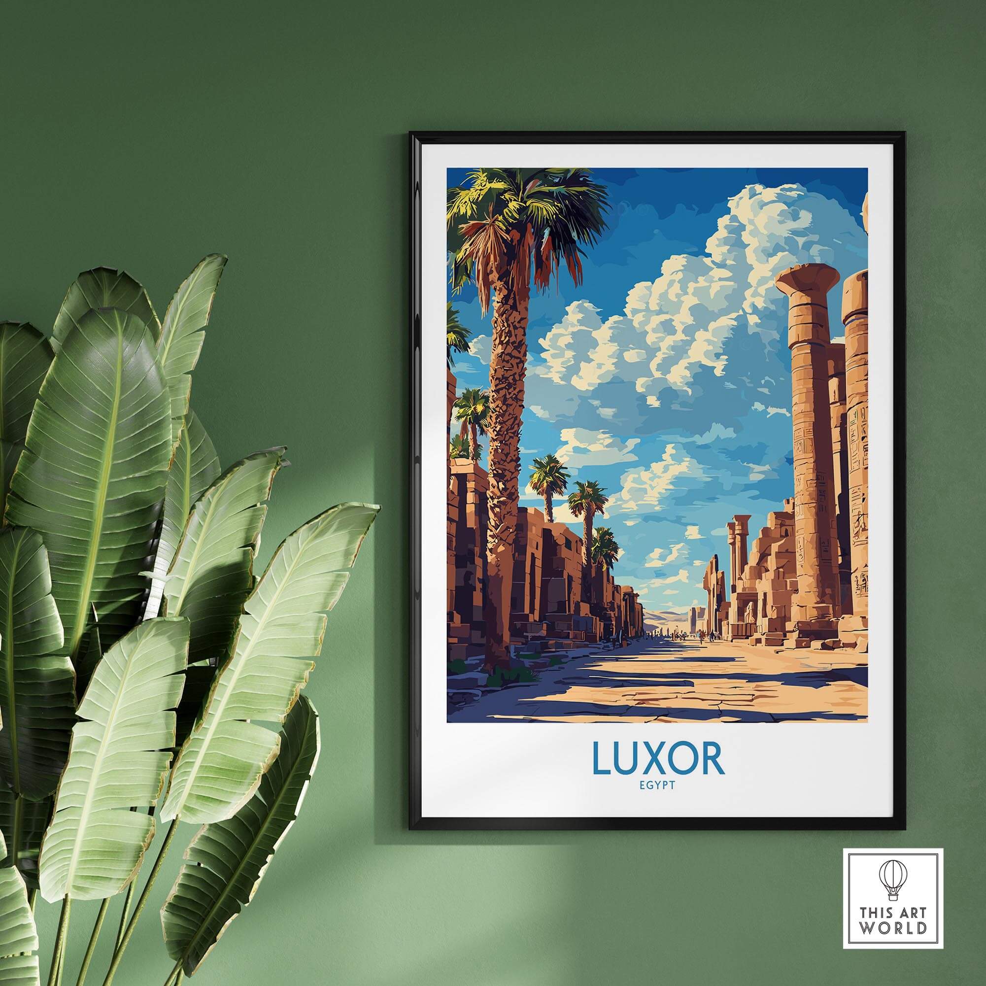 Luxor Print Egypt artistic poster featuring an Egyptian landscape with palm trees and ancient columns.