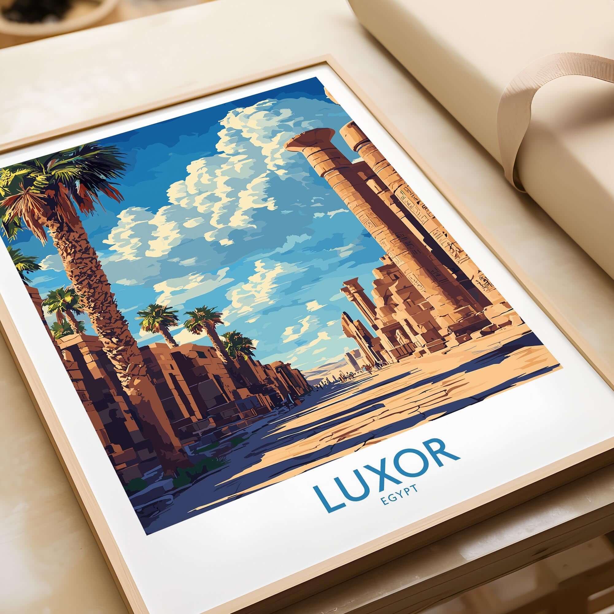 Luxor Print Egypt showcasing ancient architecture and palm trees in a vibrant landscape.