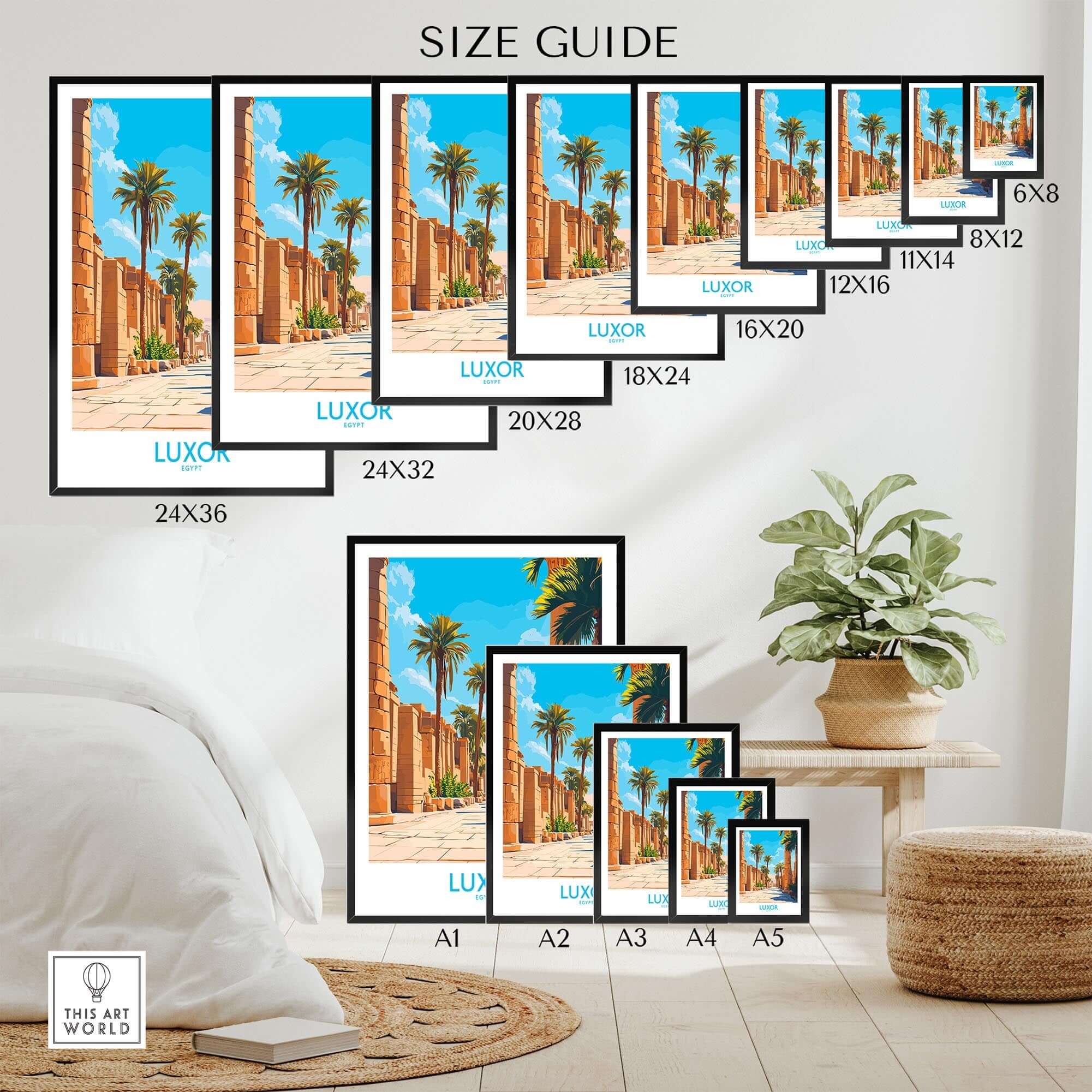 Luxor Travel Poster size guide showcasing various frame sizes and dimensions for wall decor.