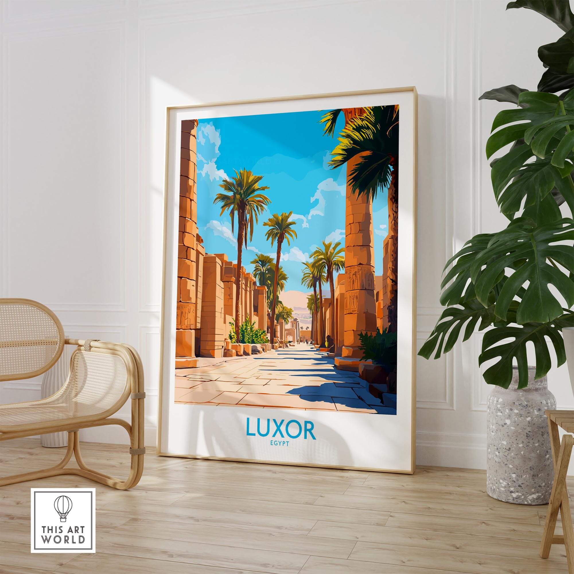 Luxor Travel Poster showcasing a vibrant scene of ancient Egypt with palm trees and stunning architecture.
