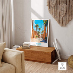 Luxor Travel Poster displayed in a modern home setting, showcasing ancient Egypt's grandeur with vibrant colors.