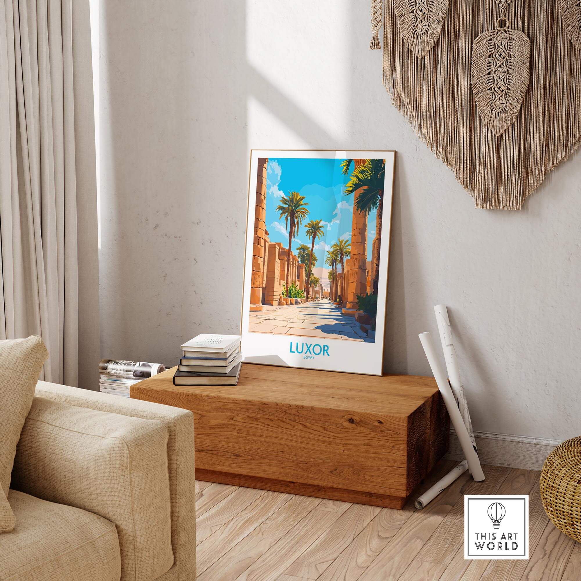 Luxor Travel Poster displayed in a modern home setting, showcasing ancient Egypt's grandeur with vibrant colors.
