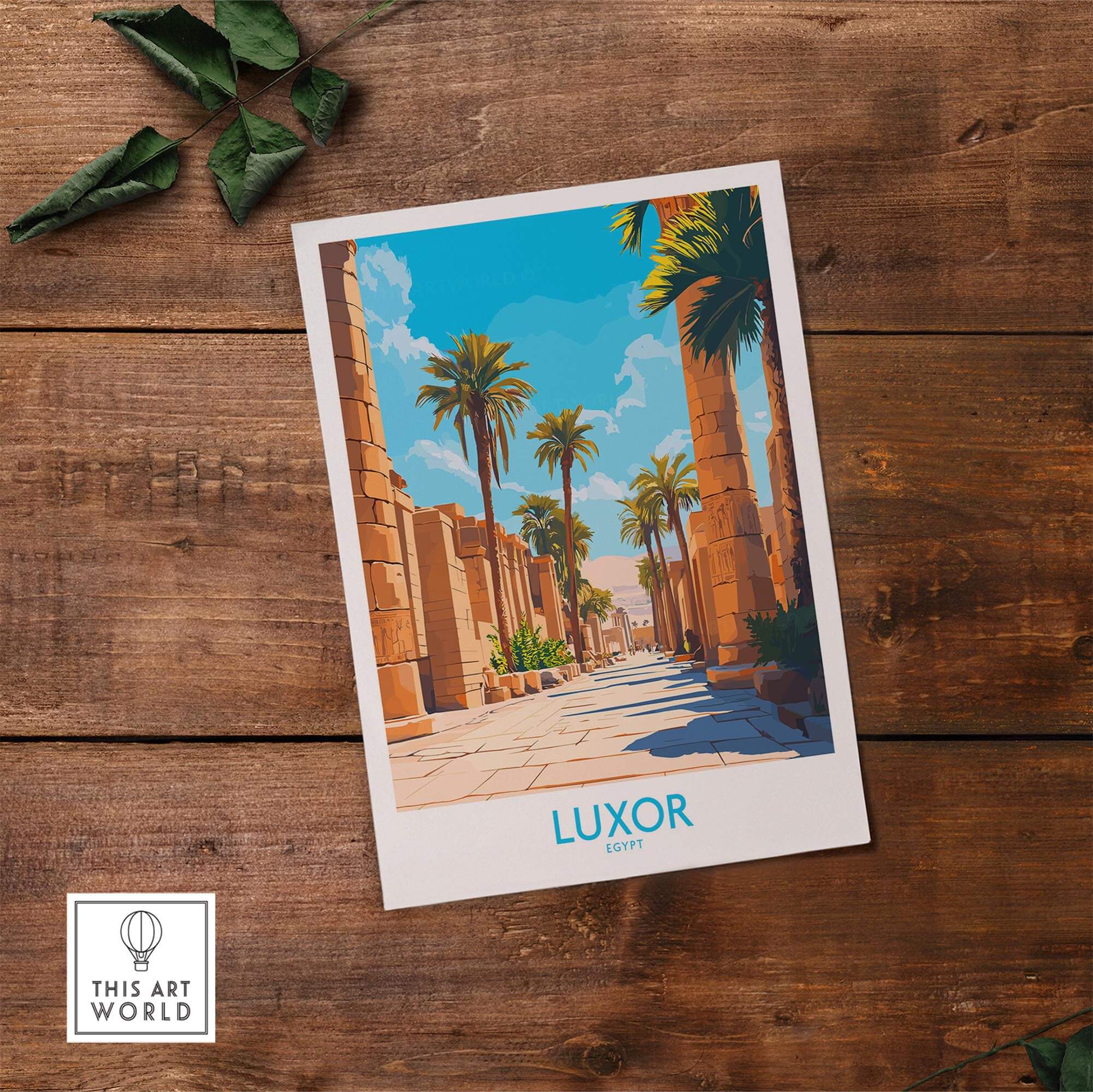 Luxor Travel Poster showcasing vibrant colors and iconic palm trees, perfect for wall decor and travel enthusiasts.