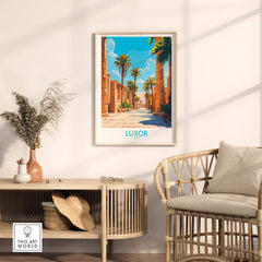 Luxor Travel Poster featuring vibrant imagery of ancient Egypt's iconic city, perfect for wall decor.