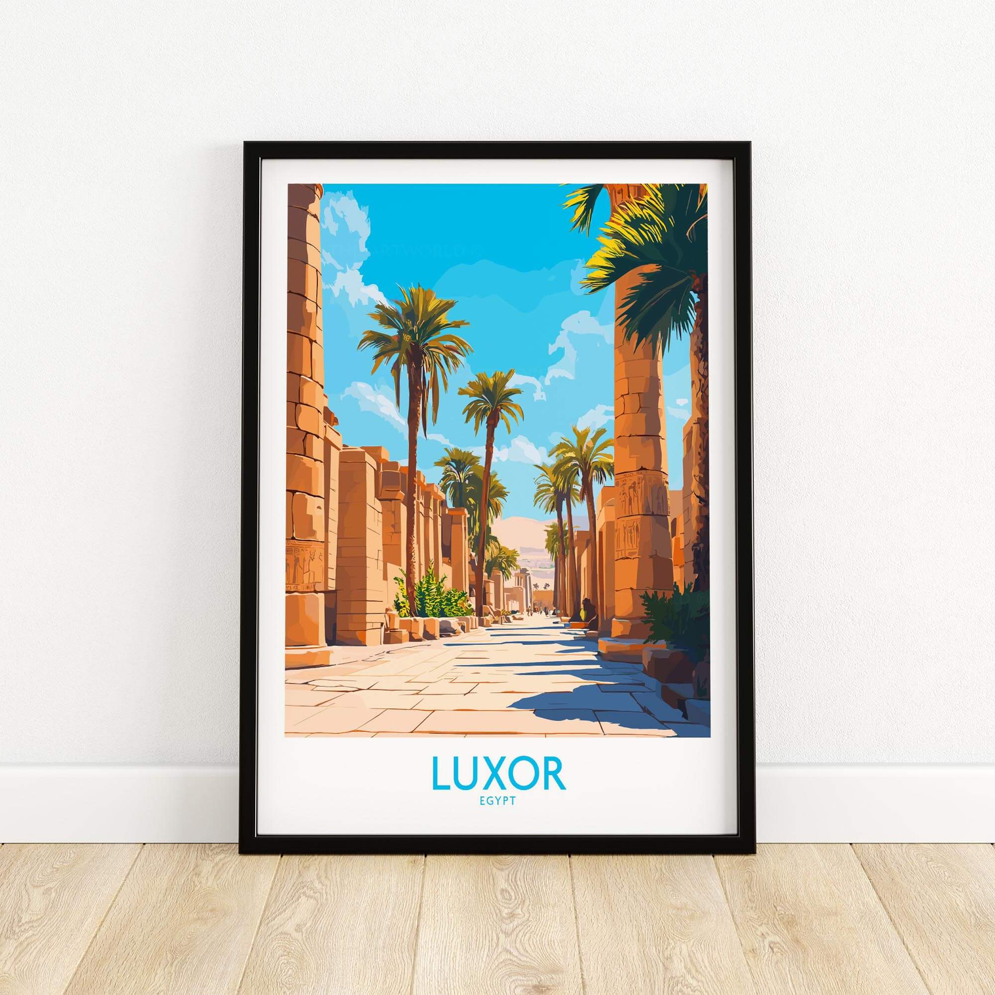 Luxor Travel Poster showcasing ancient Egypt with palm trees and iconic architecture.
