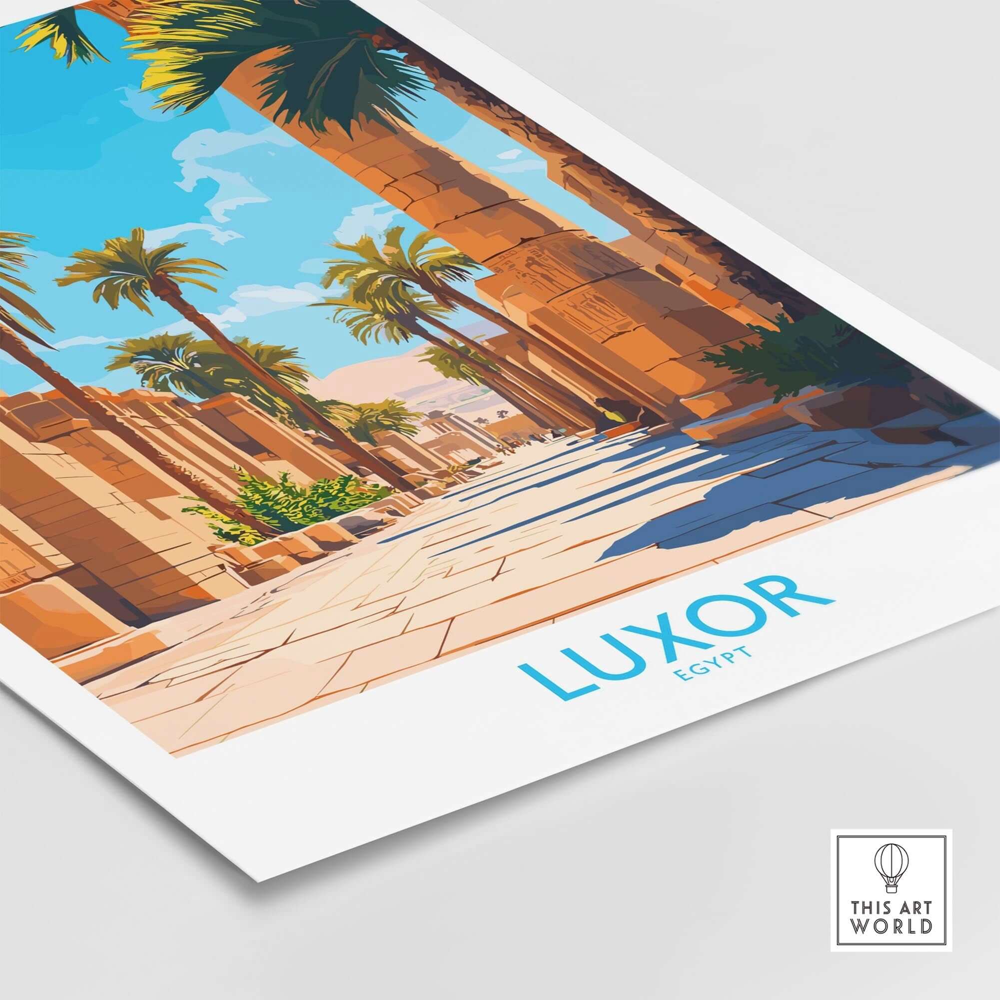 Luxor Travel Poster showcasing the beautiful palm-lined pathway in ancient Luxor, Egypt. Ideal for wall decor.