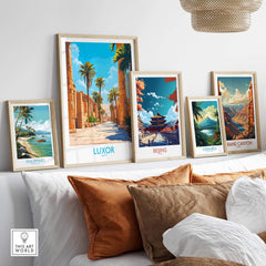Luxor Travel Poster displayed among other travel posters on a stylish wall decor, featuring vibrant colors.