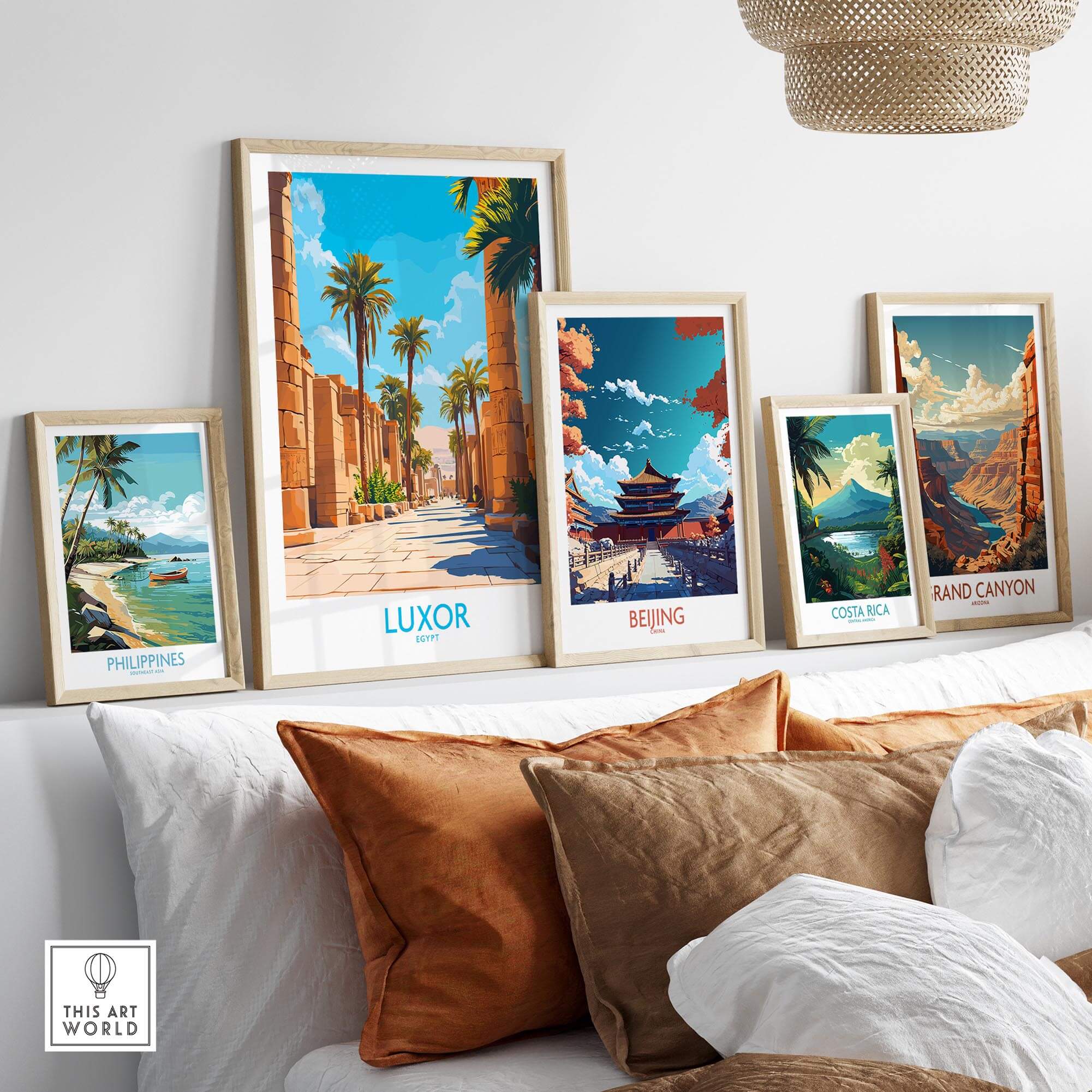 Luxor Travel Poster displayed among other travel posters on a stylish wall decor, featuring vibrant colors.