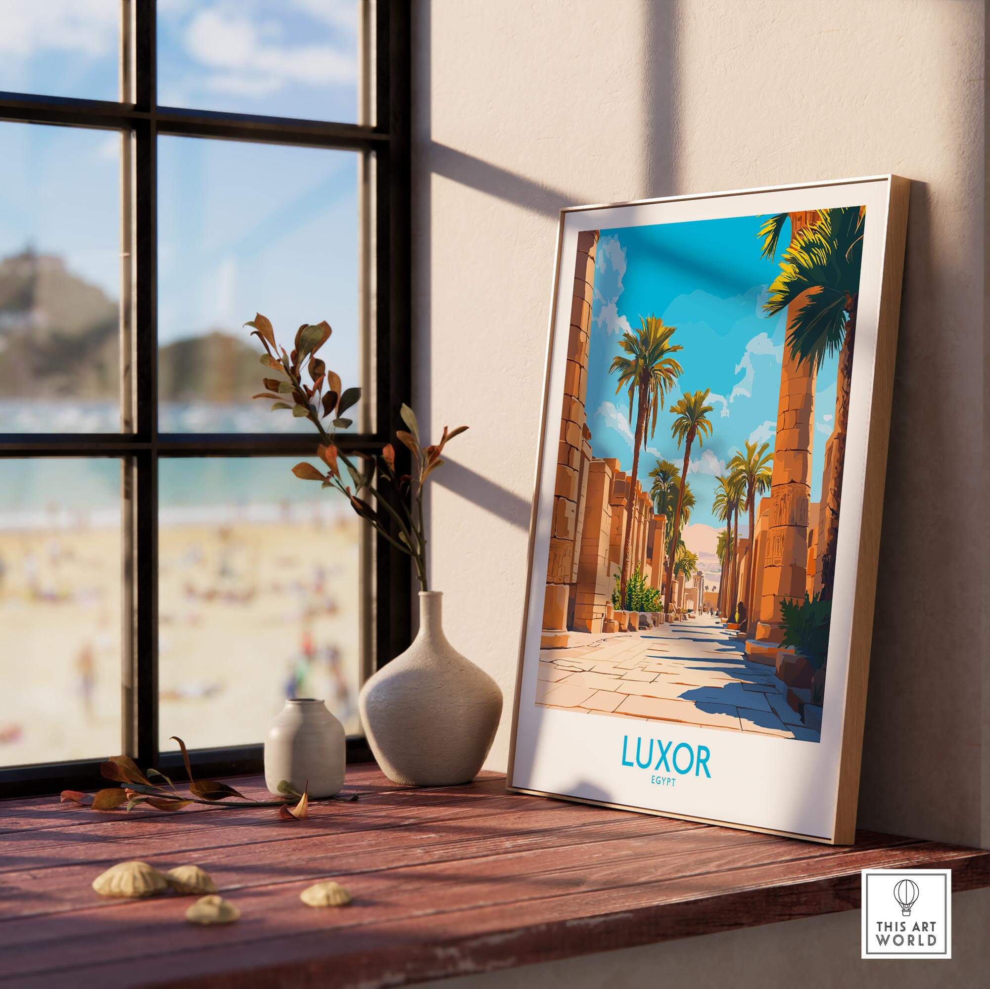 Luxor Travel Poster showcasing vibrant imagery of Luxor, Egypt with palm trees and ancient architecture.